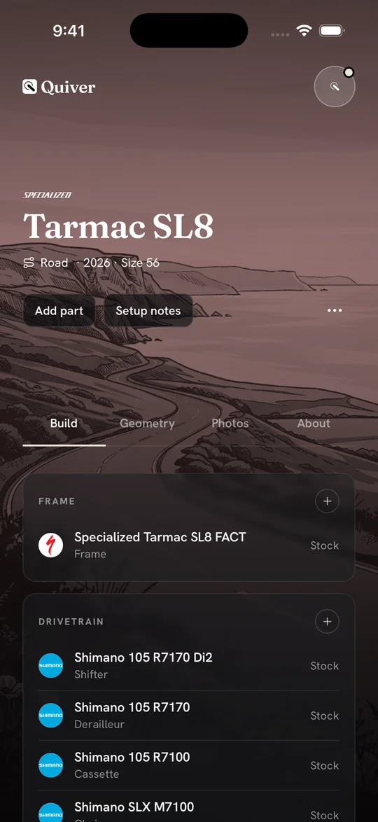A Specialized Tarmac SL8 road build sheet
